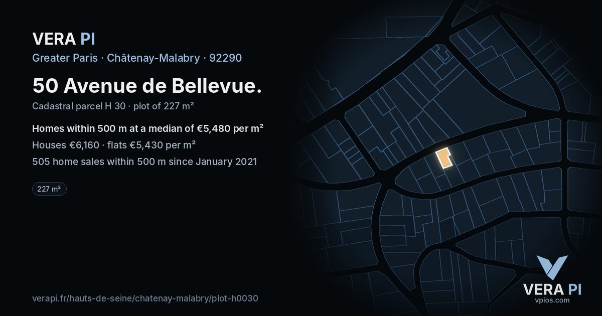 50 Avenue de Bellevue, Châtenay-Malabry at night – the plot lit, the parcels around coloured by the prices near them