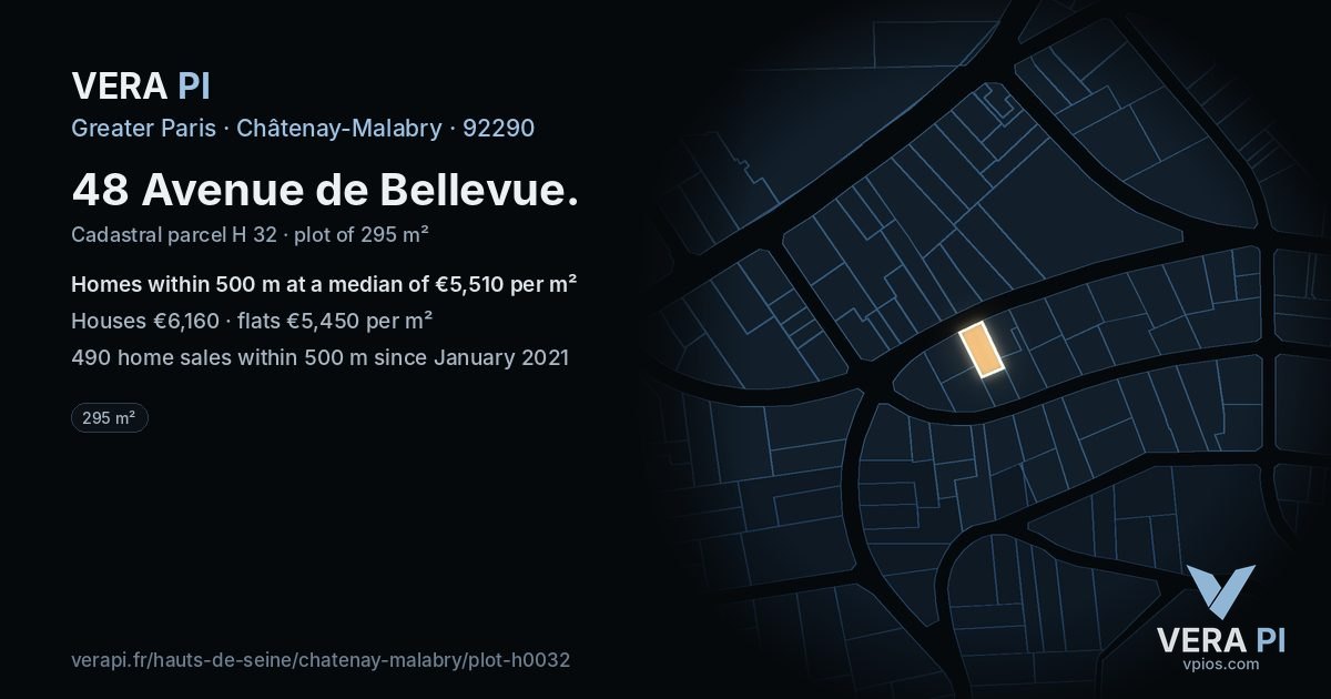 48 Avenue de Bellevue, Châtenay-Malabry at night – the plot lit, the parcels around coloured by the prices near them