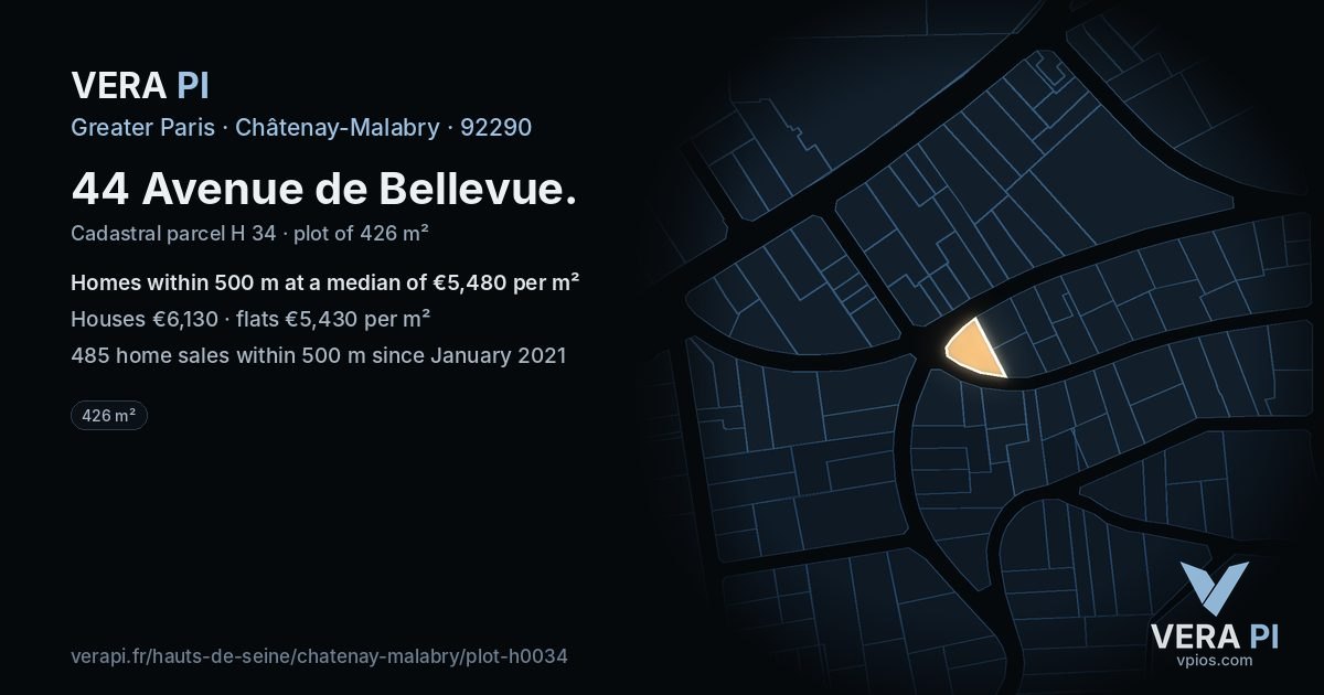 44 Avenue de Bellevue, Châtenay-Malabry at night – the plot lit, the parcels around coloured by the prices near them