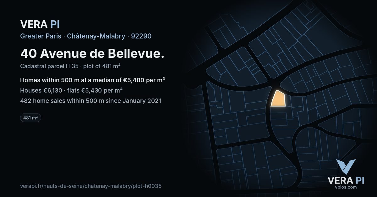 40 Avenue de Bellevue, Châtenay-Malabry at night – the plot lit, the parcels around coloured by the prices near them