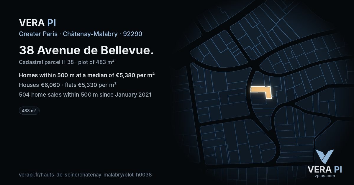 38 Avenue de Bellevue, Châtenay-Malabry at night – the plot lit, the parcels around coloured by the prices near them