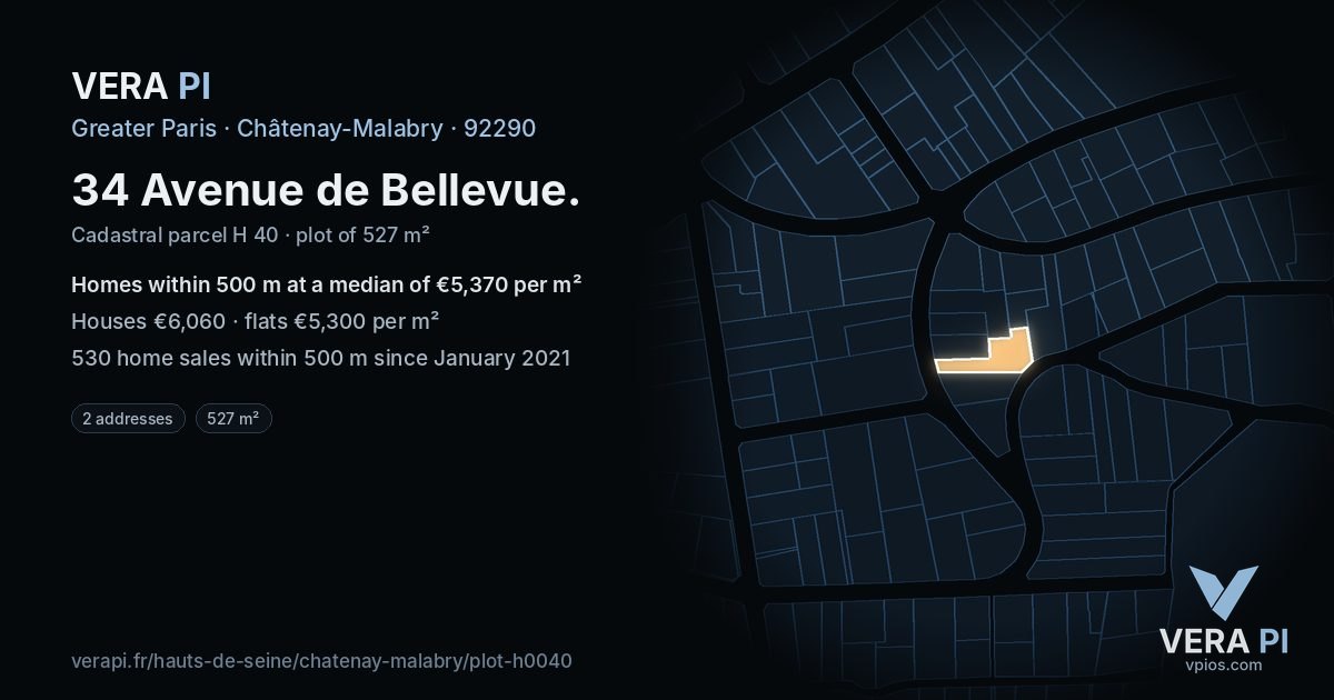 34 Avenue de Bellevue, Châtenay-Malabry at night – the plot lit, the parcels around coloured by the prices near them