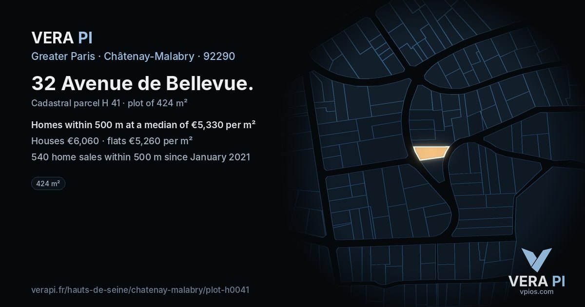 32 Avenue de Bellevue, Châtenay-Malabry at night – the plot lit, the parcels around coloured by the prices near them