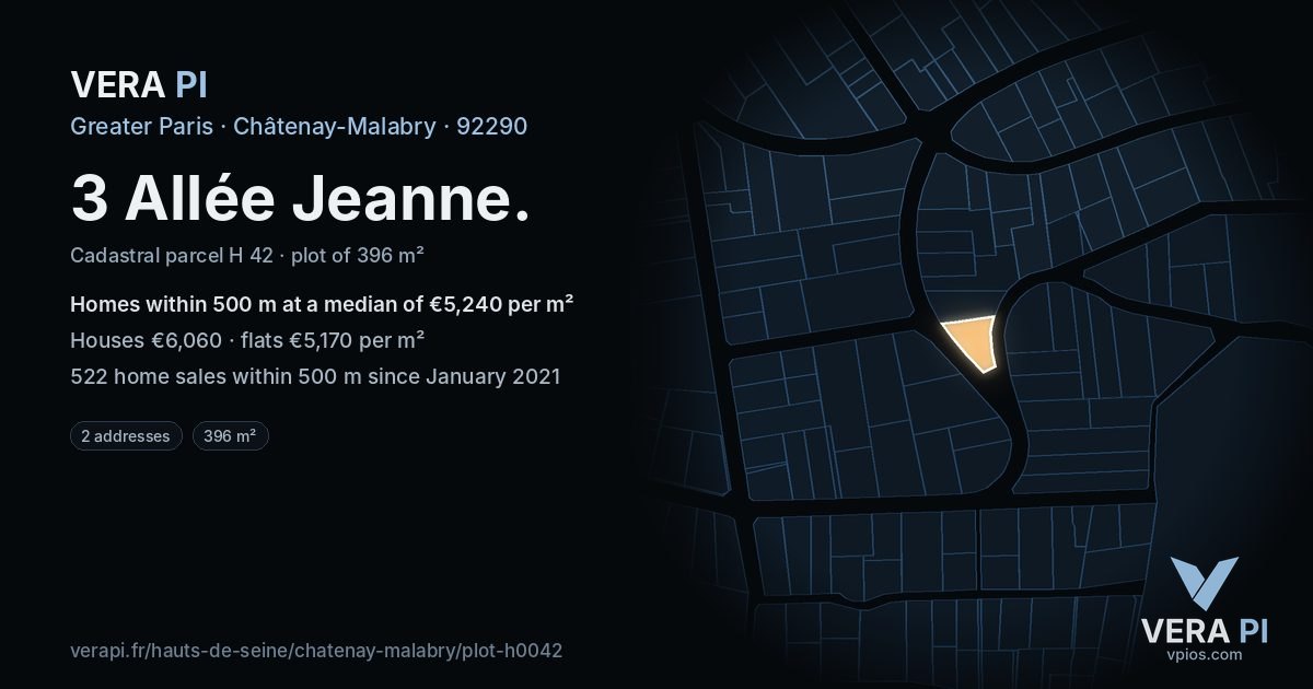 3 Allée Jeanne, Châtenay-Malabry at night – the plot lit, the parcels around coloured by the prices near them