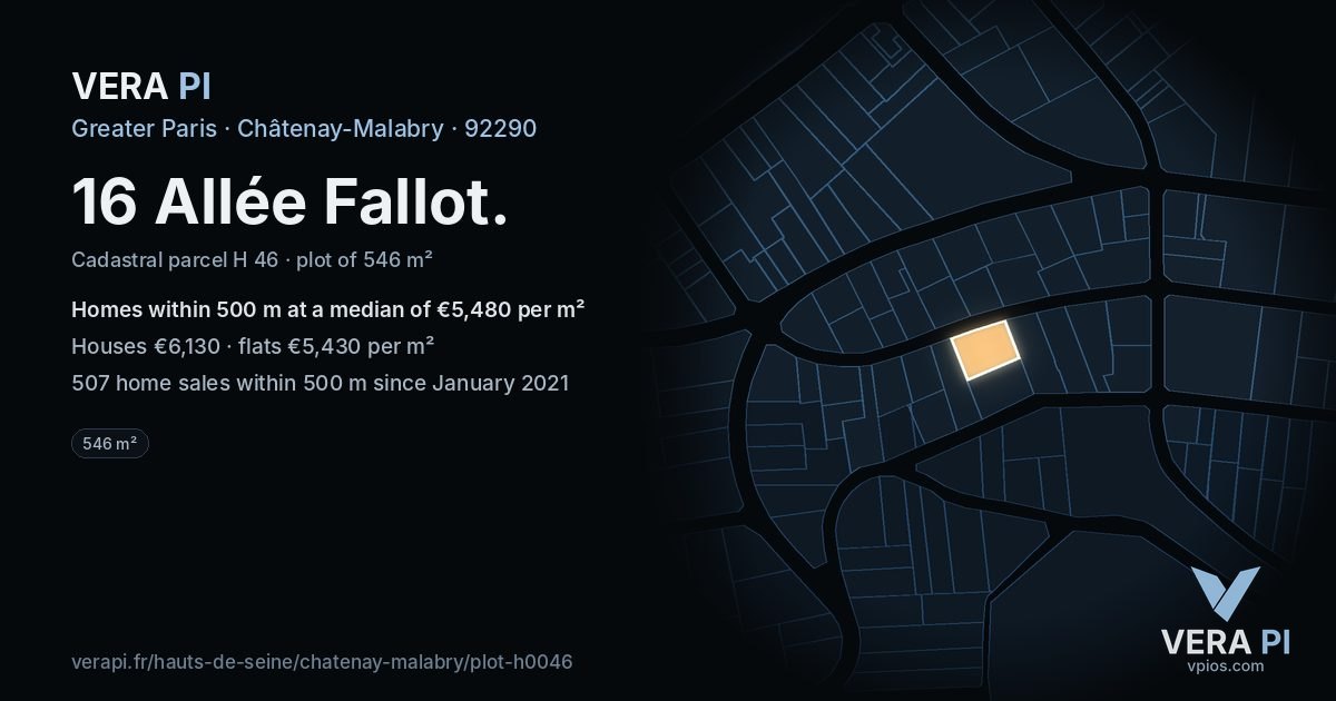 16 Allée Fallot, Châtenay-Malabry at night – the plot lit, the parcels around coloured by the prices near them