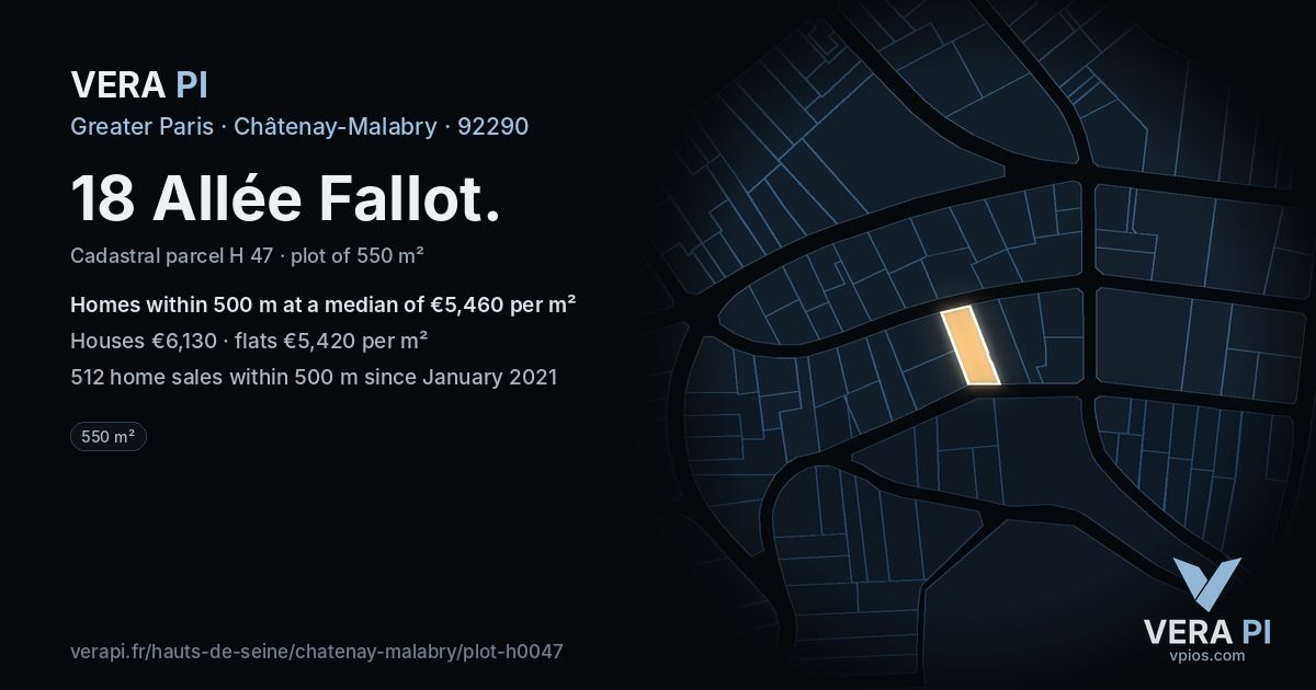 18 Allée Fallot, Châtenay-Malabry at night – the plot lit, the parcels around coloured by the prices near them