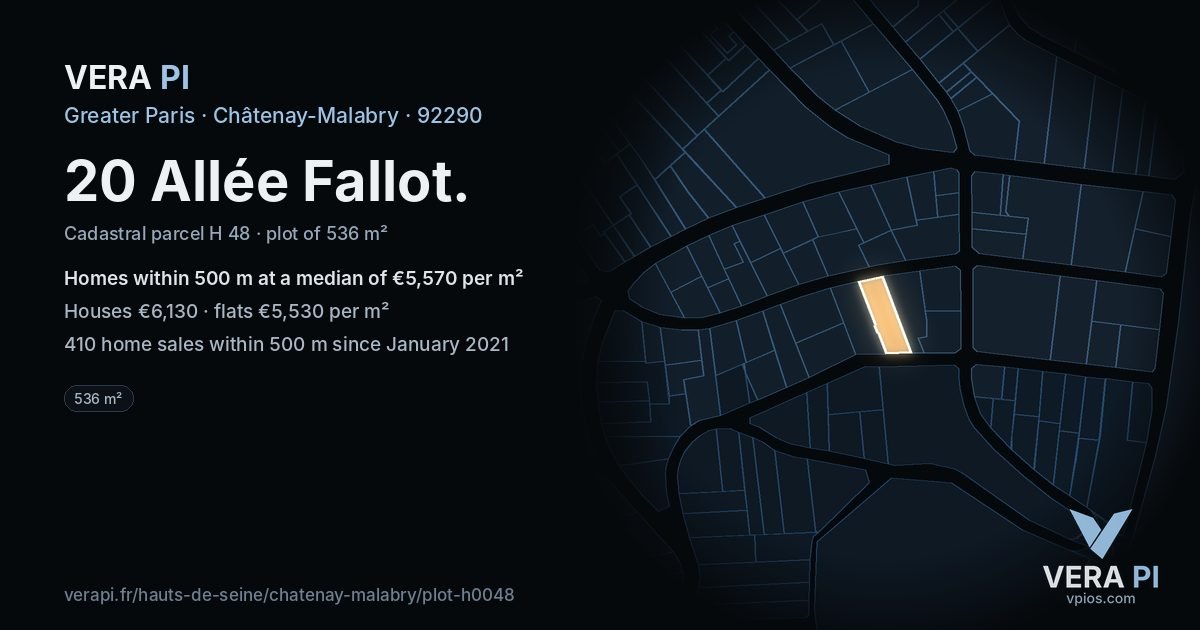 20 Allée Fallot, Châtenay-Malabry at night – the plot lit, the parcels around coloured by the prices near them