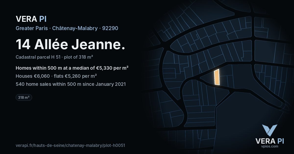 14 Allée Jeanne, Châtenay-Malabry at night – the plot lit, the parcels around coloured by the prices near them