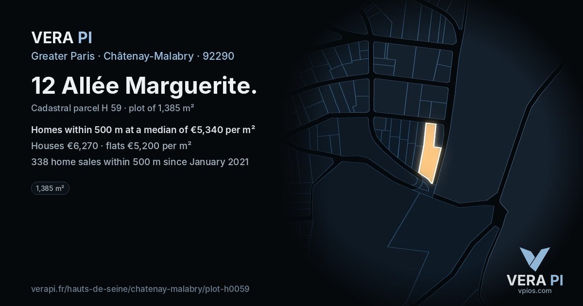 12 Allée Marguerite, Châtenay-Malabry at night – the plot lit, the parcels around coloured by the prices near them