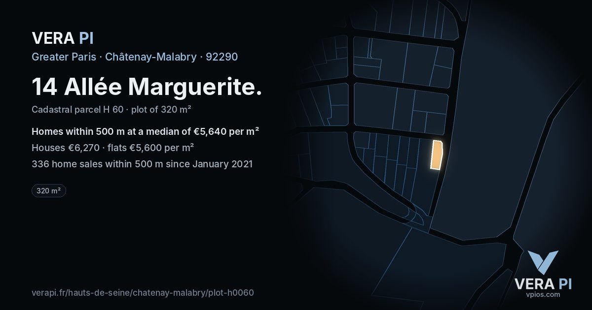 14 Allée Marguerite, Châtenay-Malabry at night – the plot lit, the parcels around coloured by the prices near them