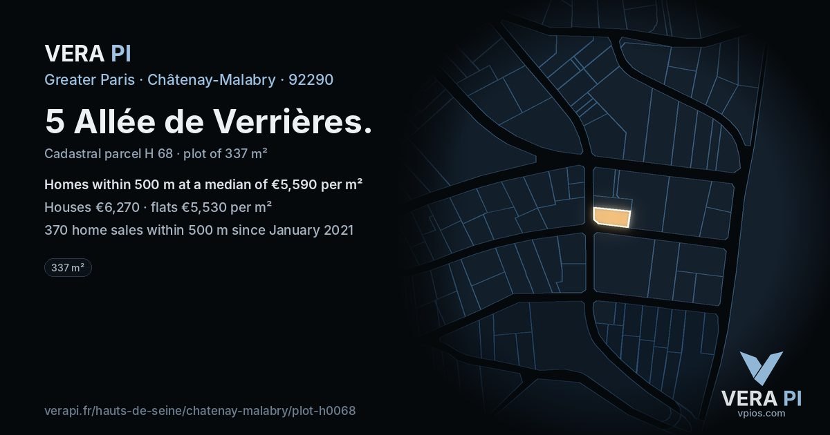 5 Allée de Verrières, Châtenay-Malabry at night – the plot lit, the parcels around coloured by the prices near them