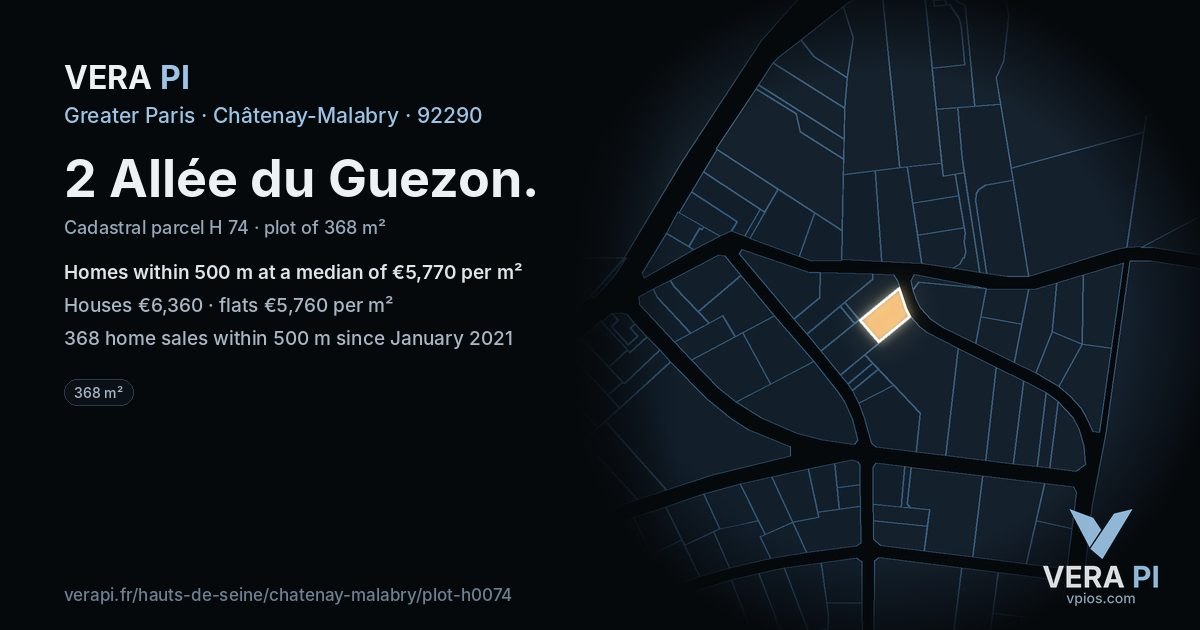 2 Allée du Guezon, Châtenay-Malabry at night – the plot lit, the parcels around coloured by the prices near them