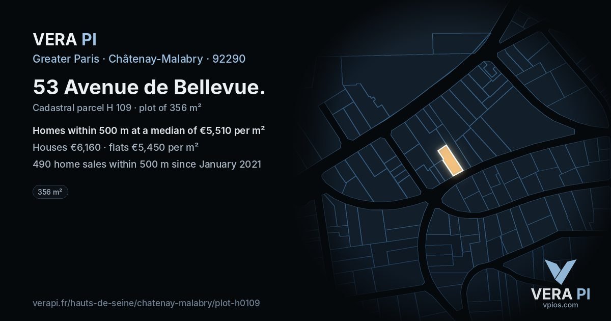 53 Avenue de Bellevue, Châtenay-Malabry at night – the plot lit, the parcels around coloured by the prices near them