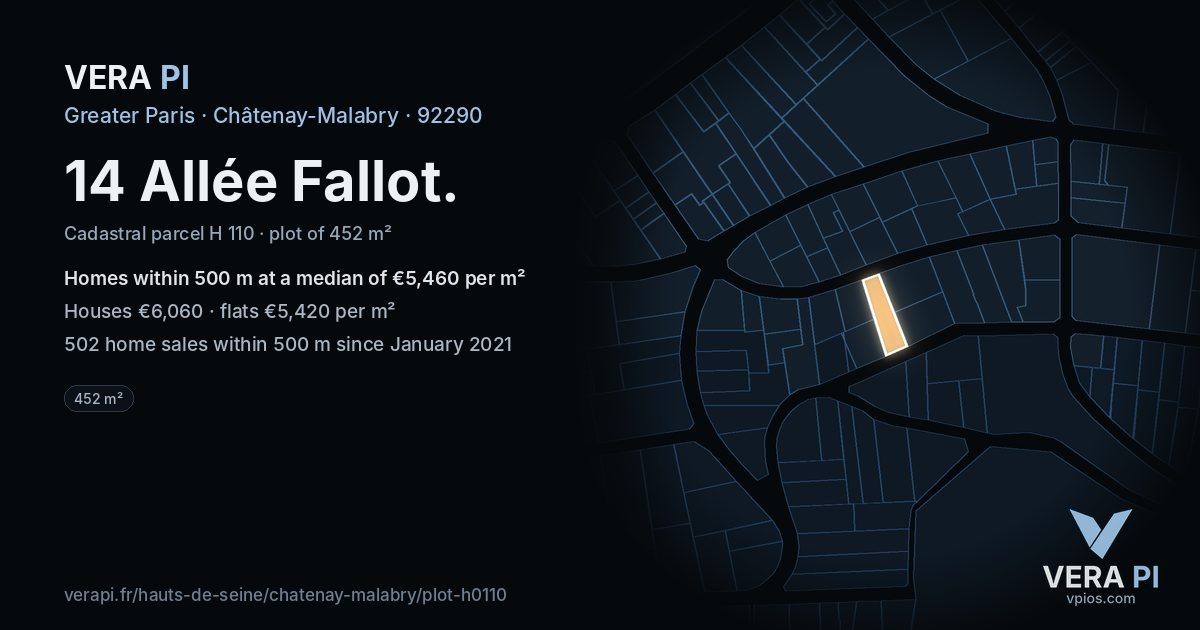14 Allée Fallot, Châtenay-Malabry at night – the plot lit, the parcels around coloured by the prices near them