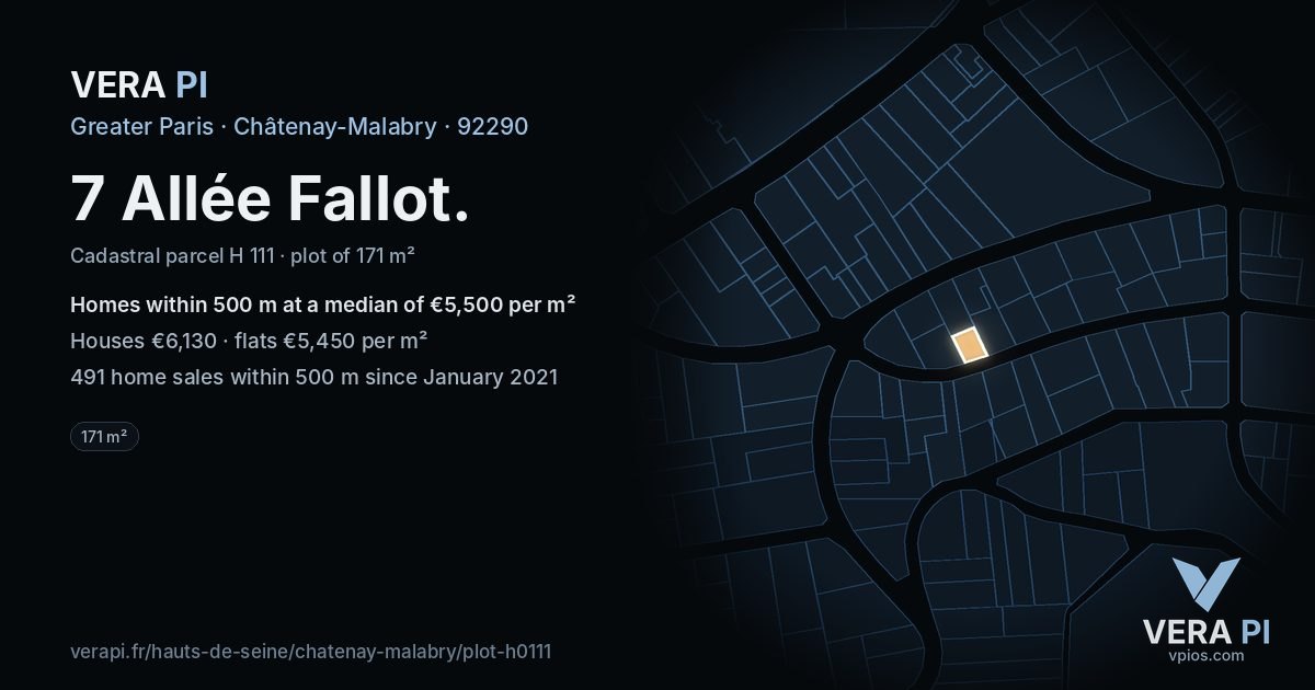 7 Allée Fallot, Châtenay-Malabry at night – the plot lit, the parcels around coloured by the prices near them