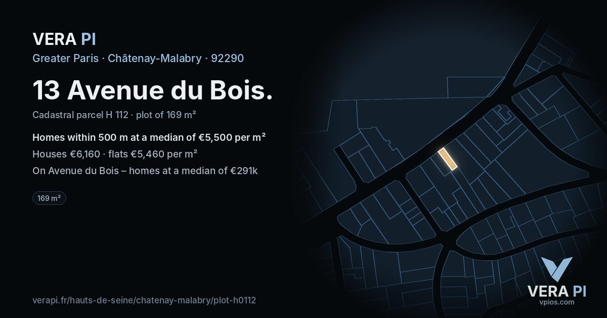 13 Avenue du Bois, Châtenay-Malabry at night – the plot lit, the parcels around coloured by the prices near them