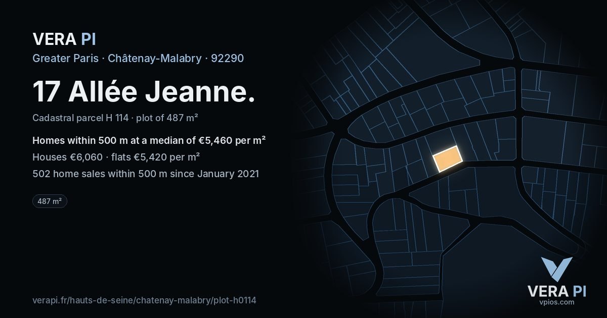 17 Allée Jeanne, Châtenay-Malabry at night – the plot lit, the parcels around coloured by the prices near them