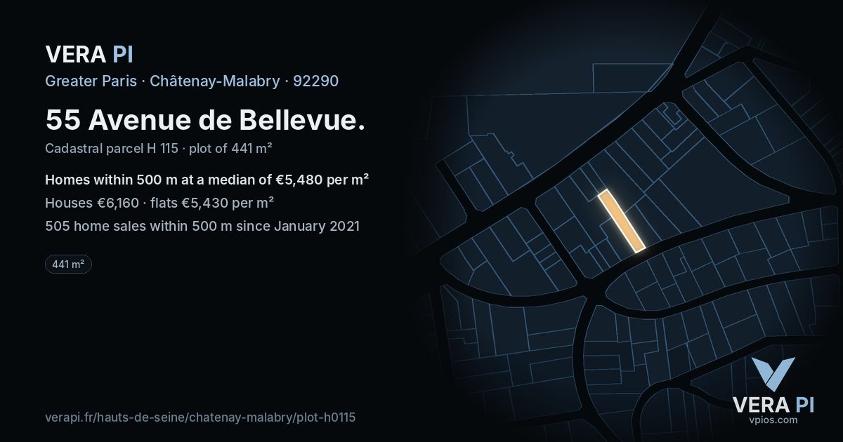 55 Avenue de Bellevue, Châtenay-Malabry at night – the plot lit, the parcels around coloured by the prices near them