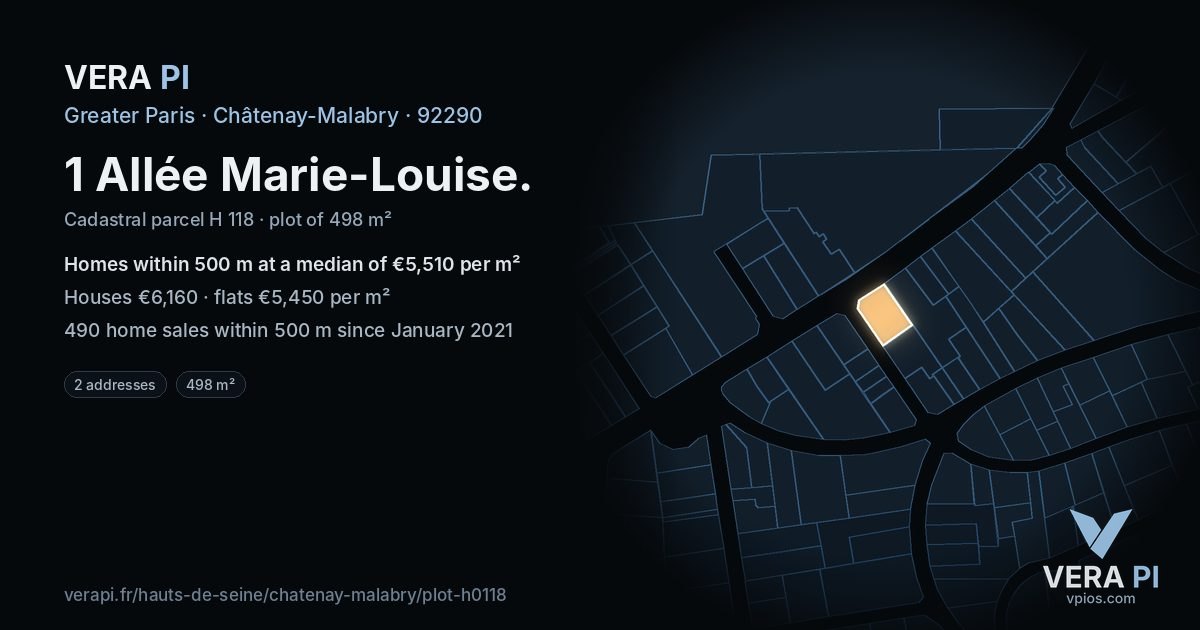 1 Allée Marie-Louise, Châtenay-Malabry at night – the plot lit, the parcels around coloured by the prices near them