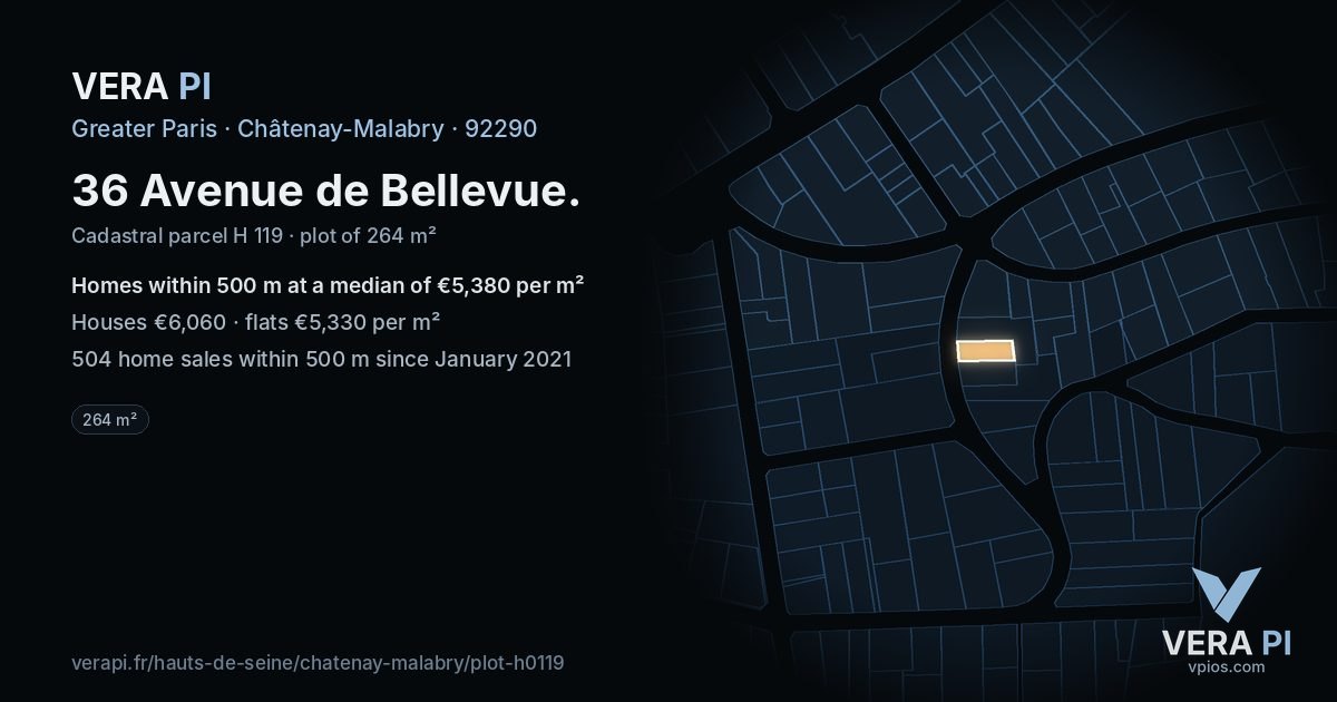 36 Avenue de Bellevue, Châtenay-Malabry at night – the plot lit, the parcels around coloured by the prices near them