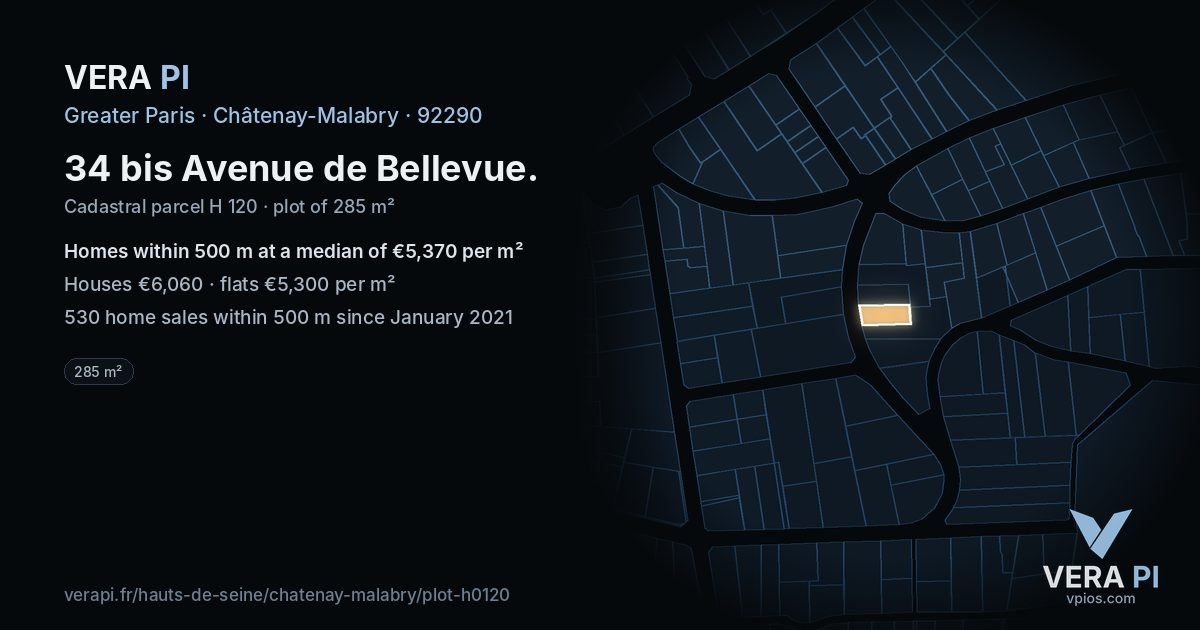 34 bis Avenue de Bellevue, Châtenay-Malabry at night – the plot lit, the parcels around coloured by the prices near them