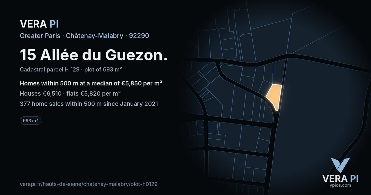 15 Allée du Guezon, Châtenay-Malabry at night – the plot lit, the parcels around coloured by the prices near them