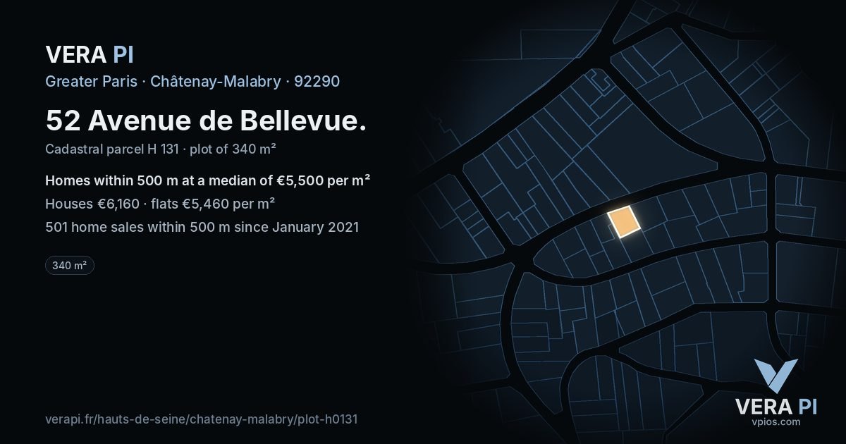 52 Avenue de Bellevue, Châtenay-Malabry at night – the plot lit, the parcels around coloured by the prices near them