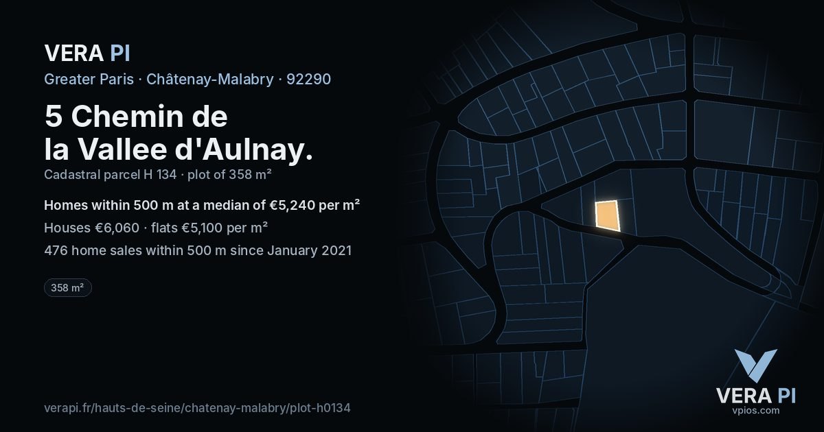 5 Chemin de la Vallee d'Aulnay, Châtenay-Malabry at night – the plot lit, the parcels around coloured by the prices near them
