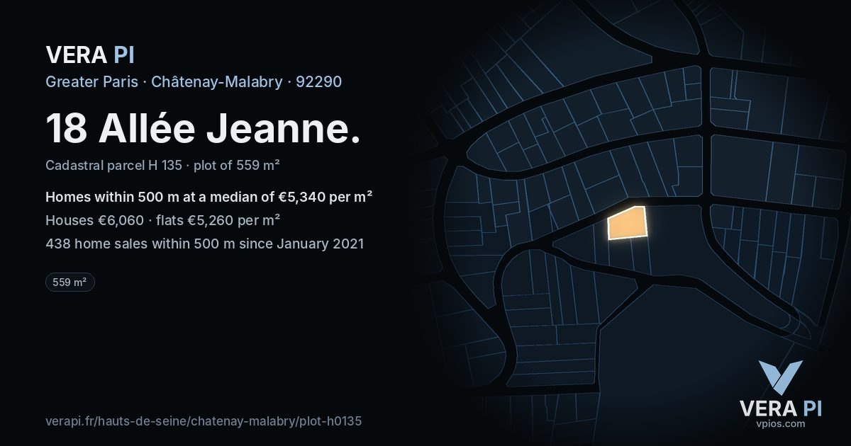 18 Allée Jeanne, Châtenay-Malabry at night – the plot lit, the parcels around coloured by the prices near them