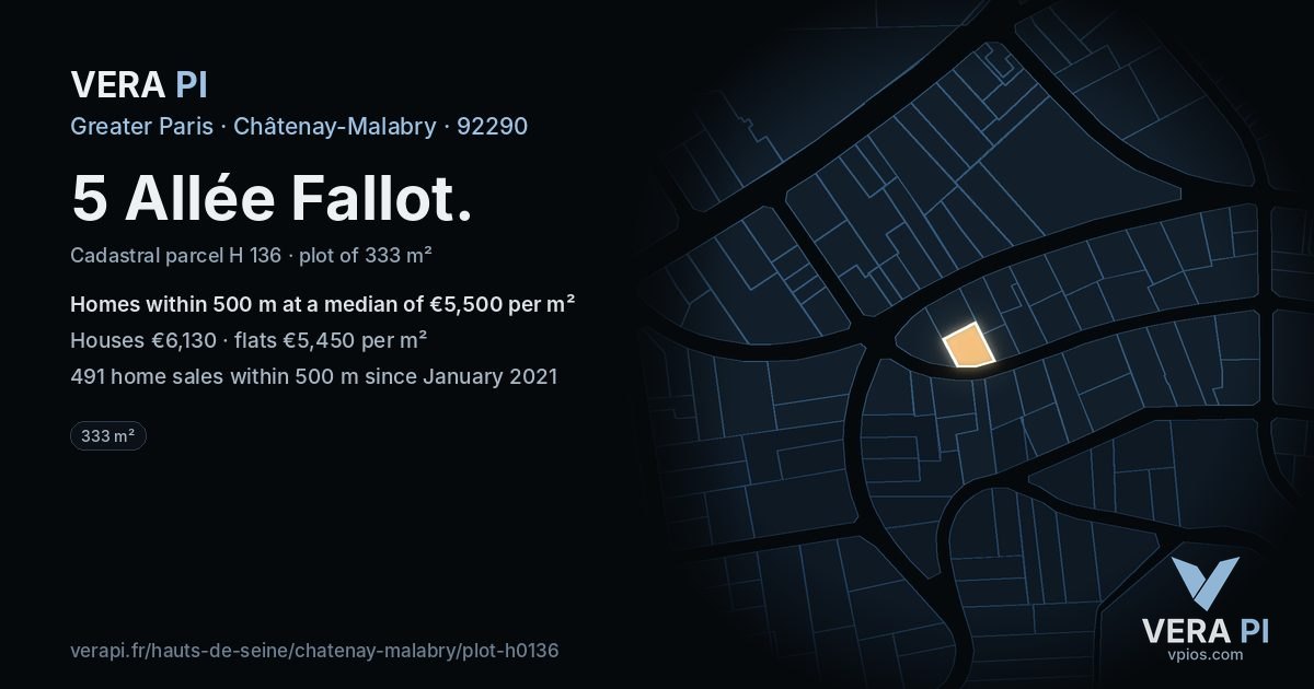 5 Allée Fallot, Châtenay-Malabry at night – the plot lit, the parcels around coloured by the prices near them