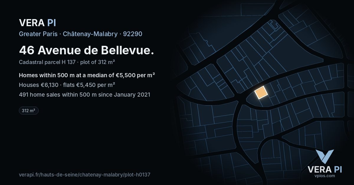 46 Avenue de Bellevue, Châtenay-Malabry at night – the plot lit, the parcels around coloured by the prices near them
