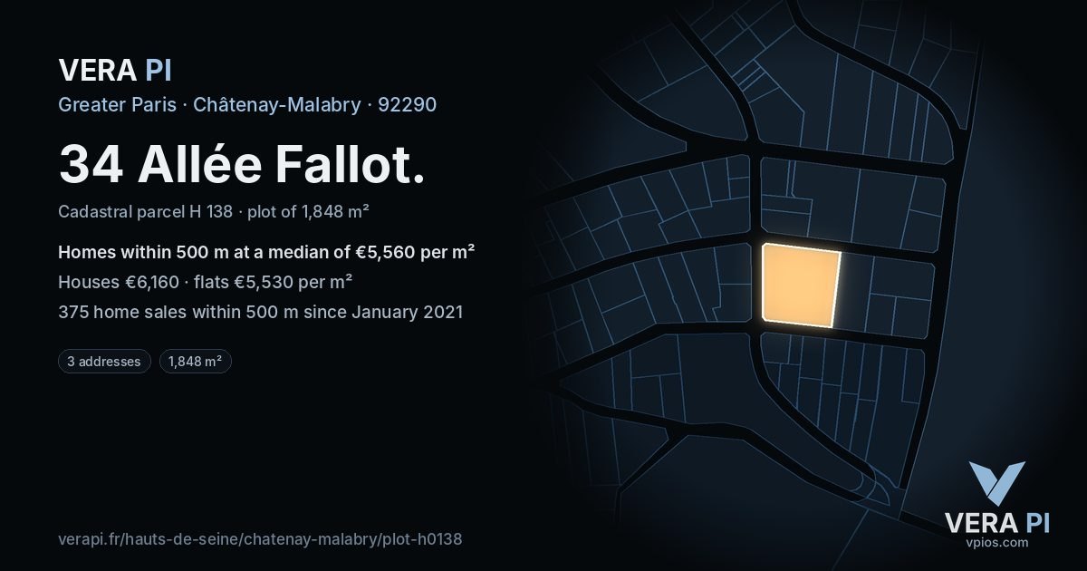 34 Allée Fallot, Châtenay-Malabry at night – the plot lit, the parcels around coloured by the prices near them