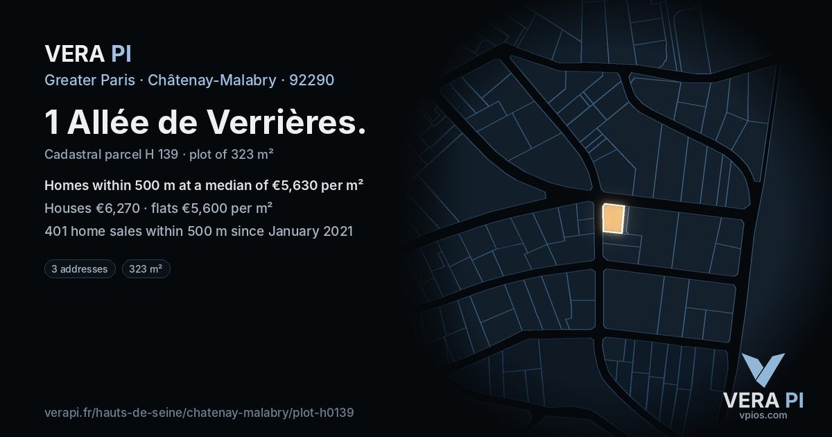 1 Allée de Verrières, Châtenay-Malabry at night – the plot lit, the parcels around coloured by the prices near them