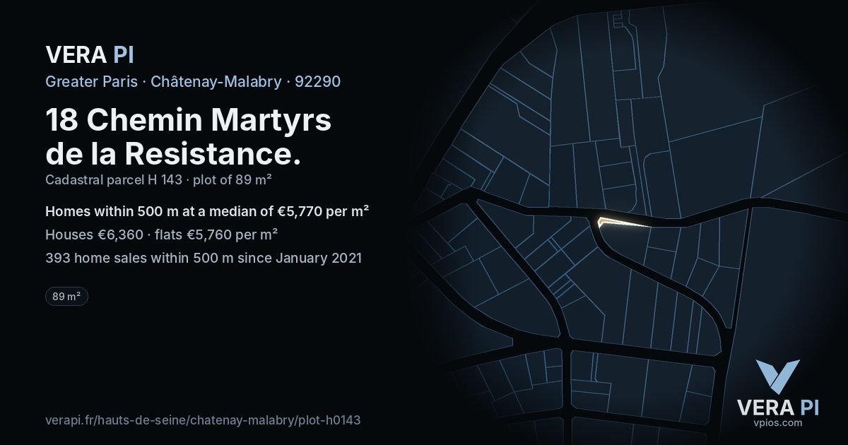 18 Chemin Martyrs de la Resistance, Châtenay-Malabry at night – the plot lit, the parcels around coloured by the prices near them