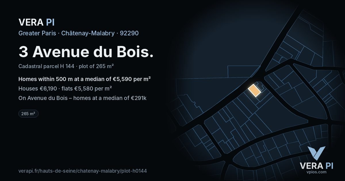 3 Avenue du Bois, Châtenay-Malabry at night – the plot lit, the parcels around coloured by the prices near them