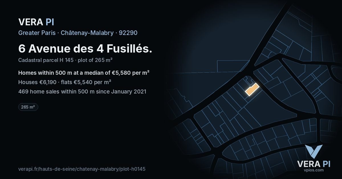 6 Avenue des 4 Fusillés, Châtenay-Malabry at night – the plot lit, the parcels around coloured by the prices near them