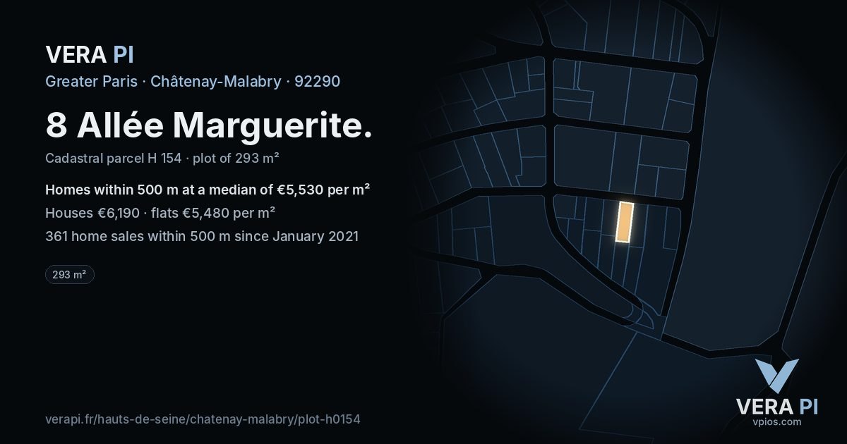 8 Allée Marguerite, Châtenay-Malabry at night – the plot lit, the parcels around coloured by the prices near them