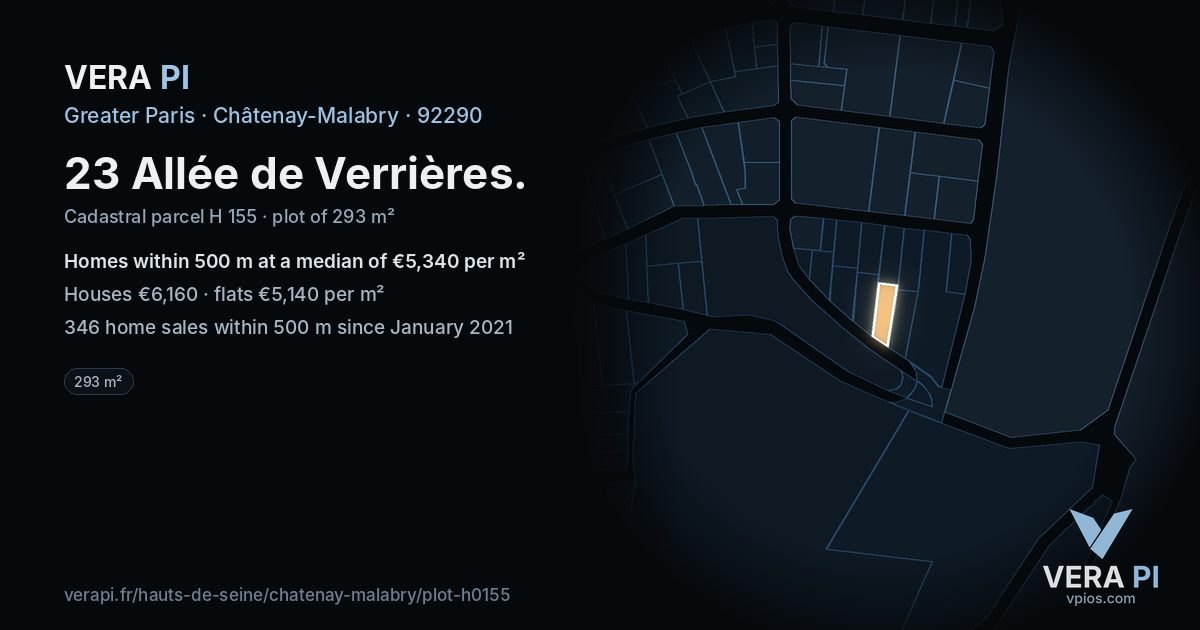 23 Allée de Verrières, Châtenay-Malabry at night – the plot lit, the parcels around coloured by the prices near them