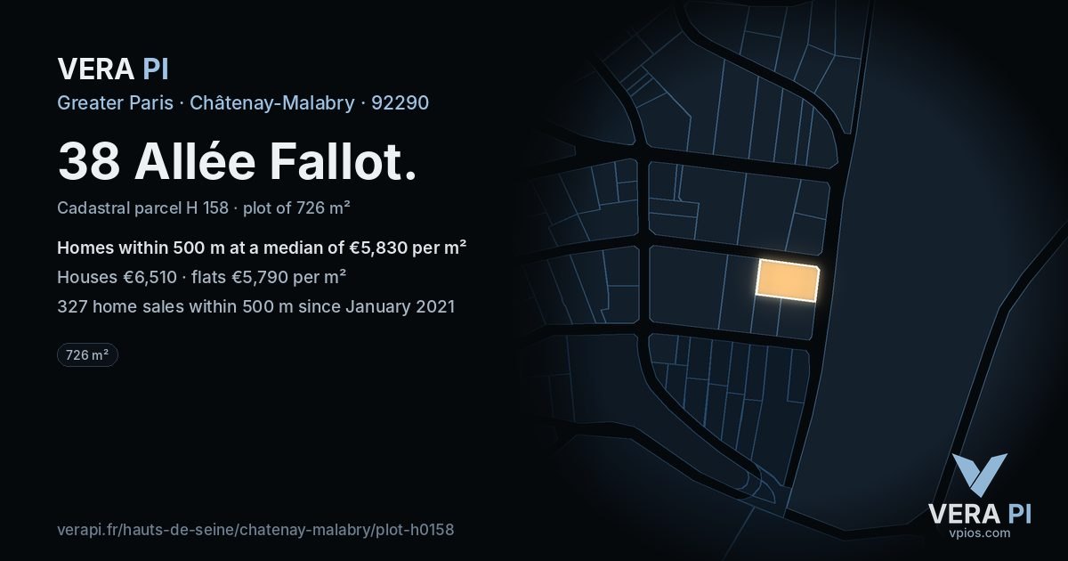 38 Allée Fallot, Châtenay-Malabry at night – the plot lit, the parcels around coloured by the prices near them