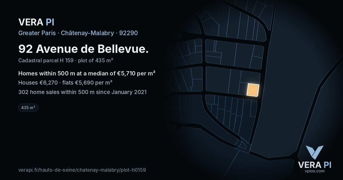 92 Avenue de Bellevue, Châtenay-Malabry at night – the plot lit, the parcels around coloured by the prices near them