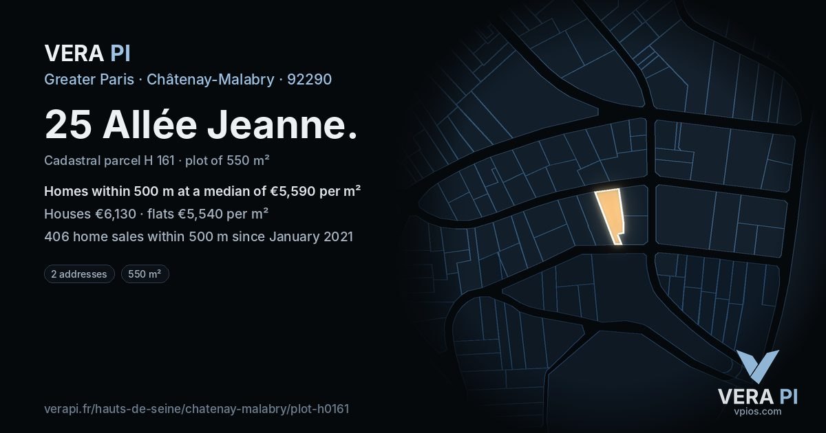 25 Allée Jeanne, Châtenay-Malabry at night – the plot lit, the parcels around coloured by the prices near them