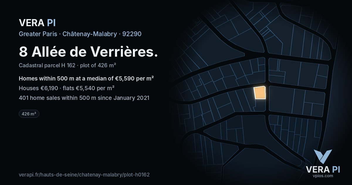 8 Allée de Verrières, Châtenay-Malabry at night – the plot lit, the parcels around coloured by the prices near them