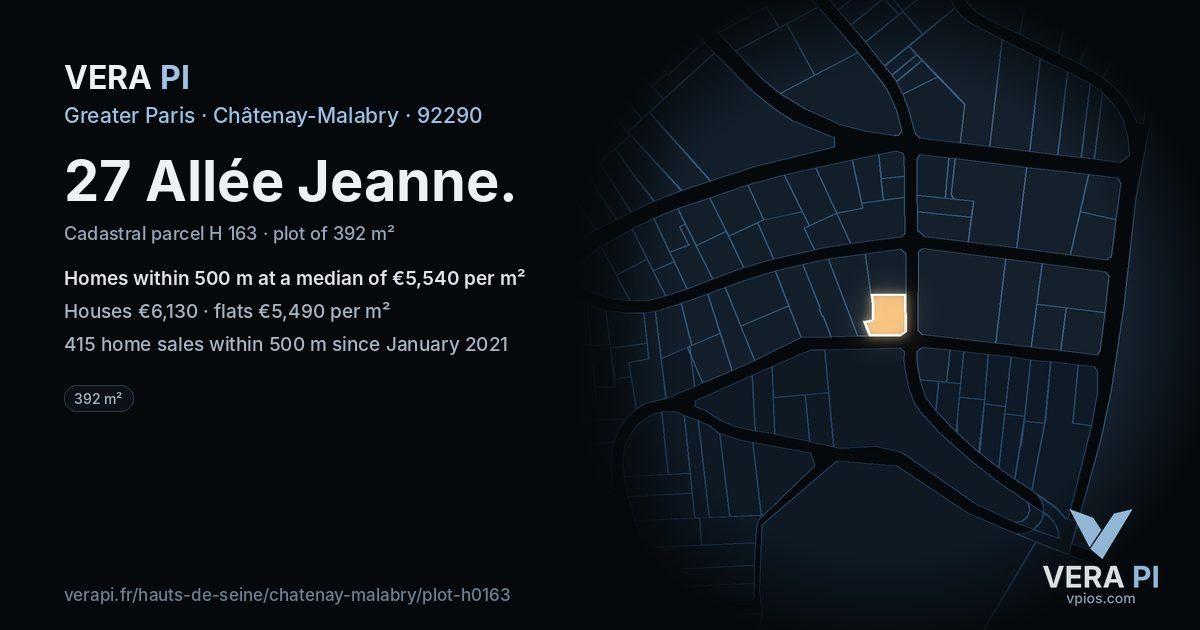 27 Allée Jeanne, Châtenay-Malabry at night – the plot lit, the parcels around coloured by the prices near them