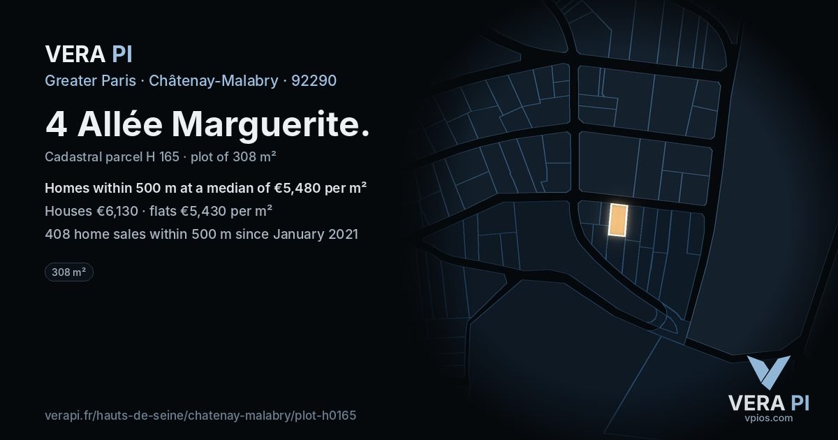 4 Allée Marguerite, Châtenay-Malabry at night – the plot lit, the parcels around coloured by the prices near them