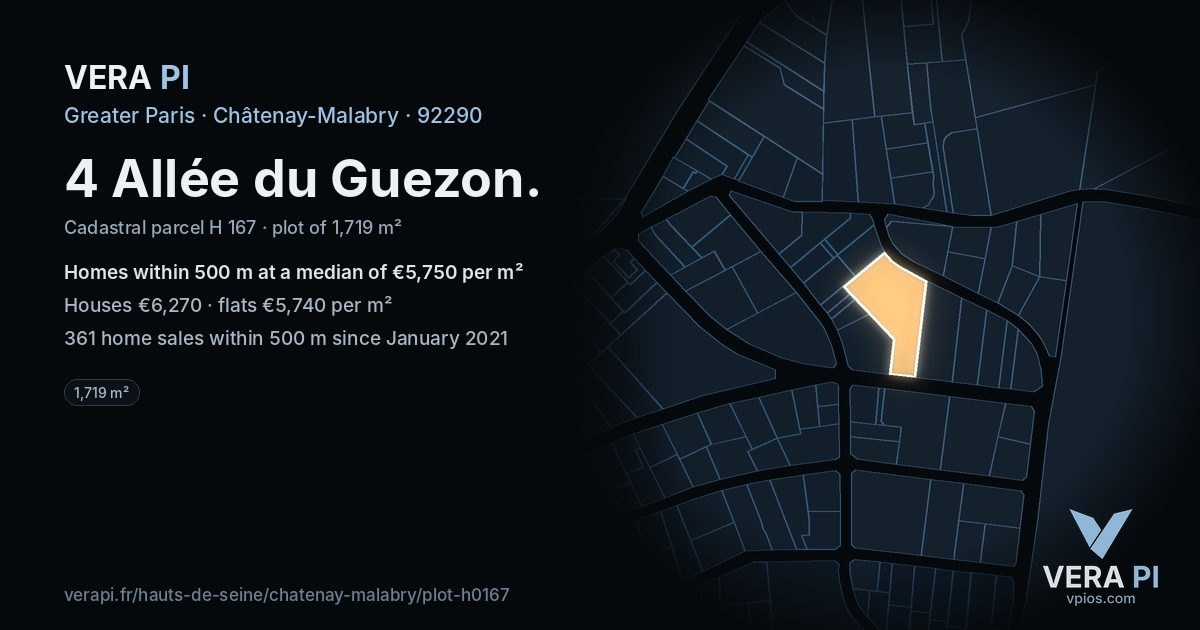 4 Allée du Guezon, Châtenay-Malabry at night – the plot lit, the parcels around coloured by the prices near them