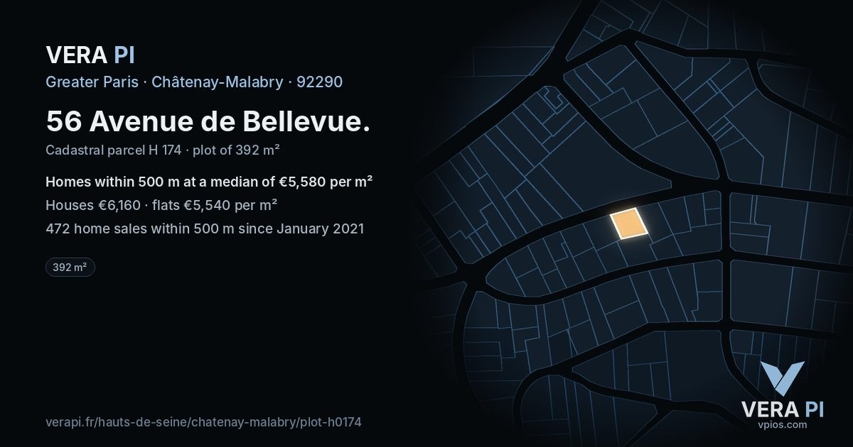 56 Avenue de Bellevue, Châtenay-Malabry at night – the plot lit, the parcels around coloured by the prices near them