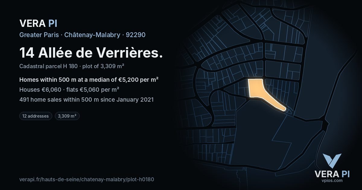 14 Allée de Verrières, Châtenay-Malabry at night – the plot lit, the parcels around coloured by the prices near them