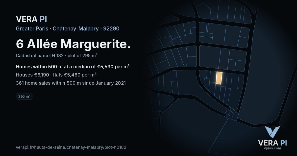 6 Allée Marguerite, Châtenay-Malabry at night – the plot lit, the parcels around coloured by the prices near them