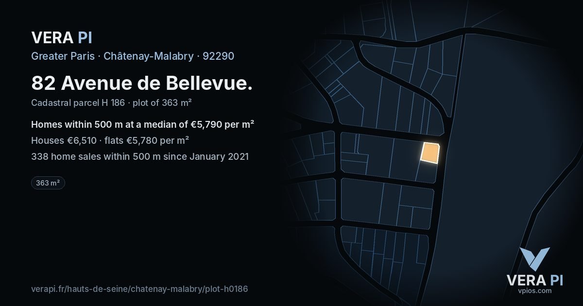 82 Avenue de Bellevue, Châtenay-Malabry at night – the plot lit, the parcels around coloured by the prices near them