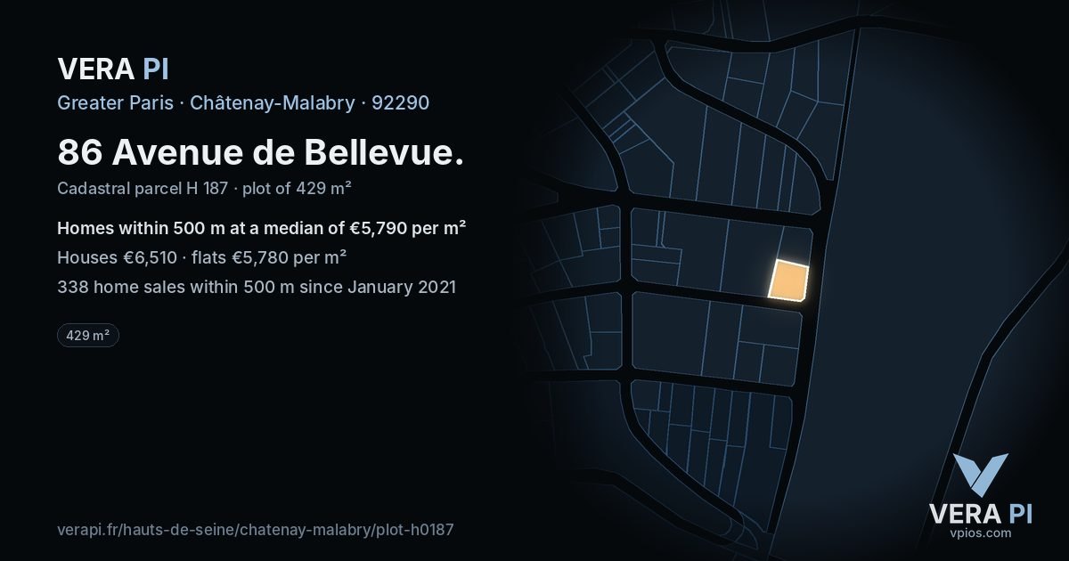 86 Avenue de Bellevue, Châtenay-Malabry at night – the plot lit, the parcels around coloured by the prices near them